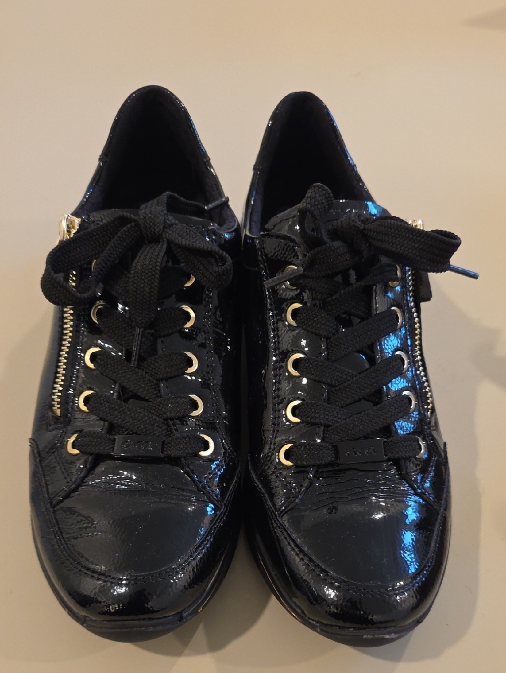 Ara Black Patent Lace-Up Sneakers with Gold Eyelets
